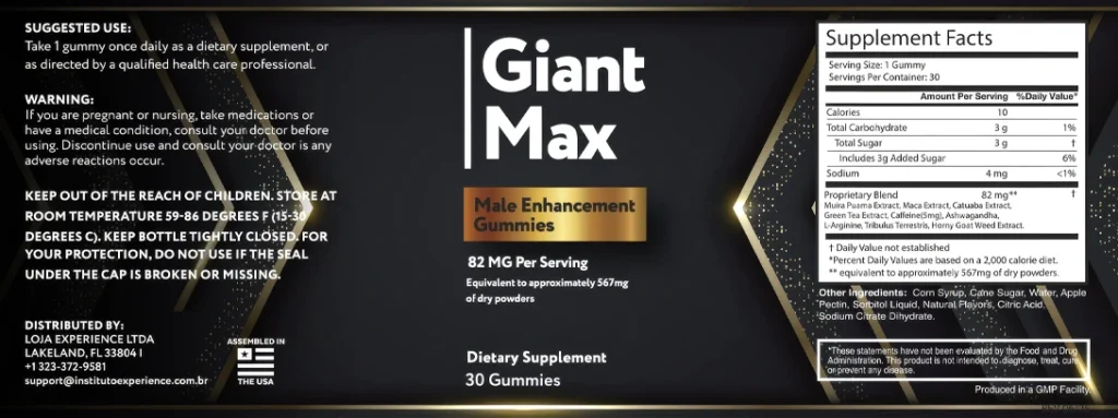 Giant Max supplement facts label — full ingredient disclosure with precise botanical doses for male vitality and performance